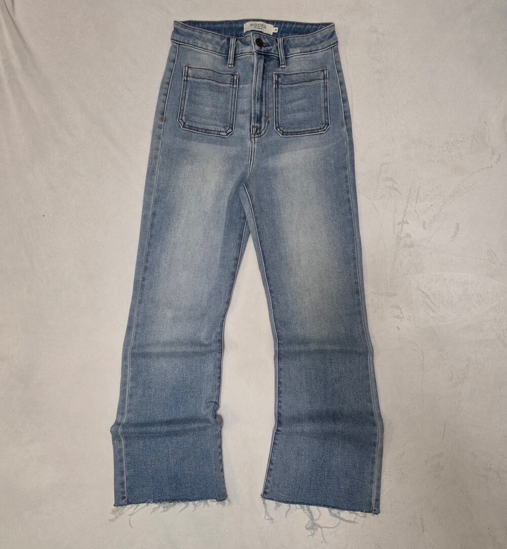 HIDDEN Jeans Los Angeles High Rise Flare Frayed Raw Hem Blue Denim Size 26